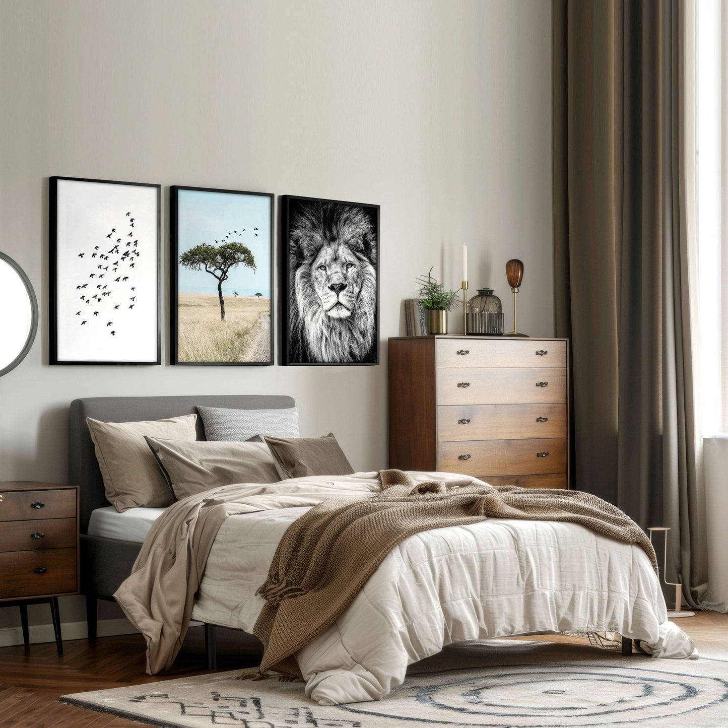 Safari Accessories For Bedroom | Set of 3 African Wildlife Wall art Prints