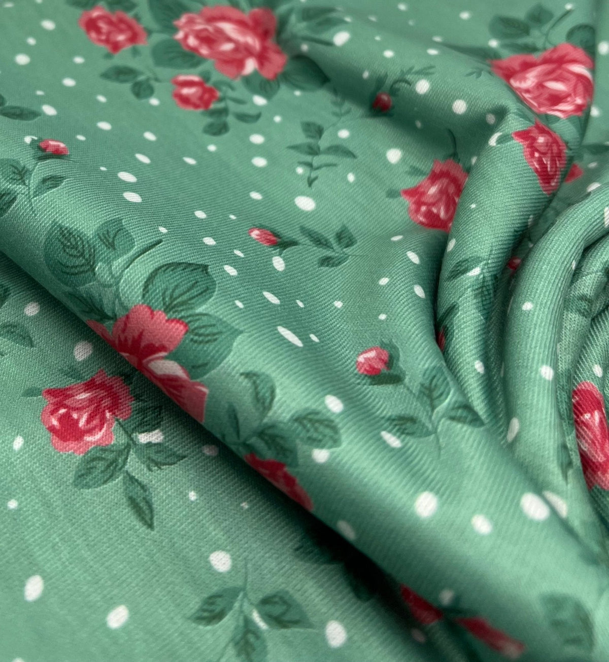 Sage Rose Print Spun Poly Stretch Fabric