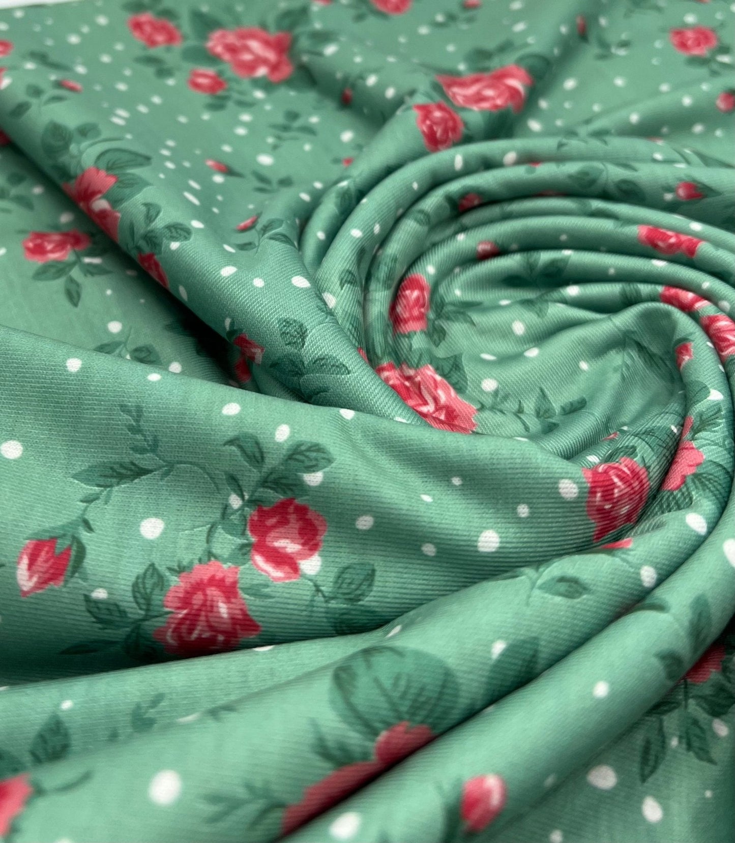 Sage Rose Print Spun Poly Stretch Fabric