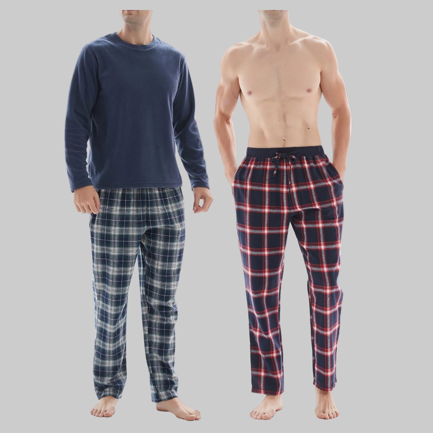 3-Piece Men's Pyjama Set with Long-Sleeve Polyester Top and Check Cotton Pants