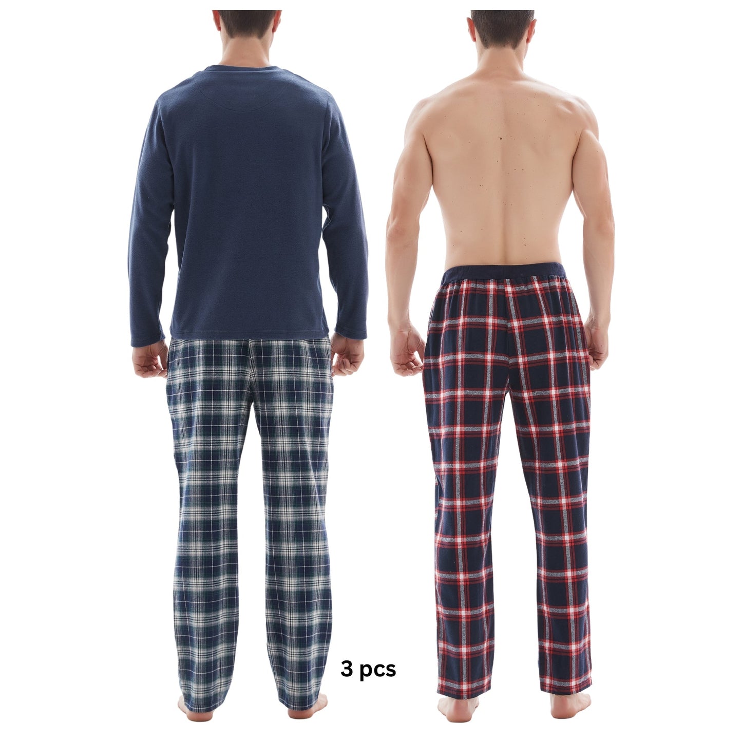 3-Piece Men's Pyjama Set with Long-Sleeve Polyester Top and Check Cotton Pants