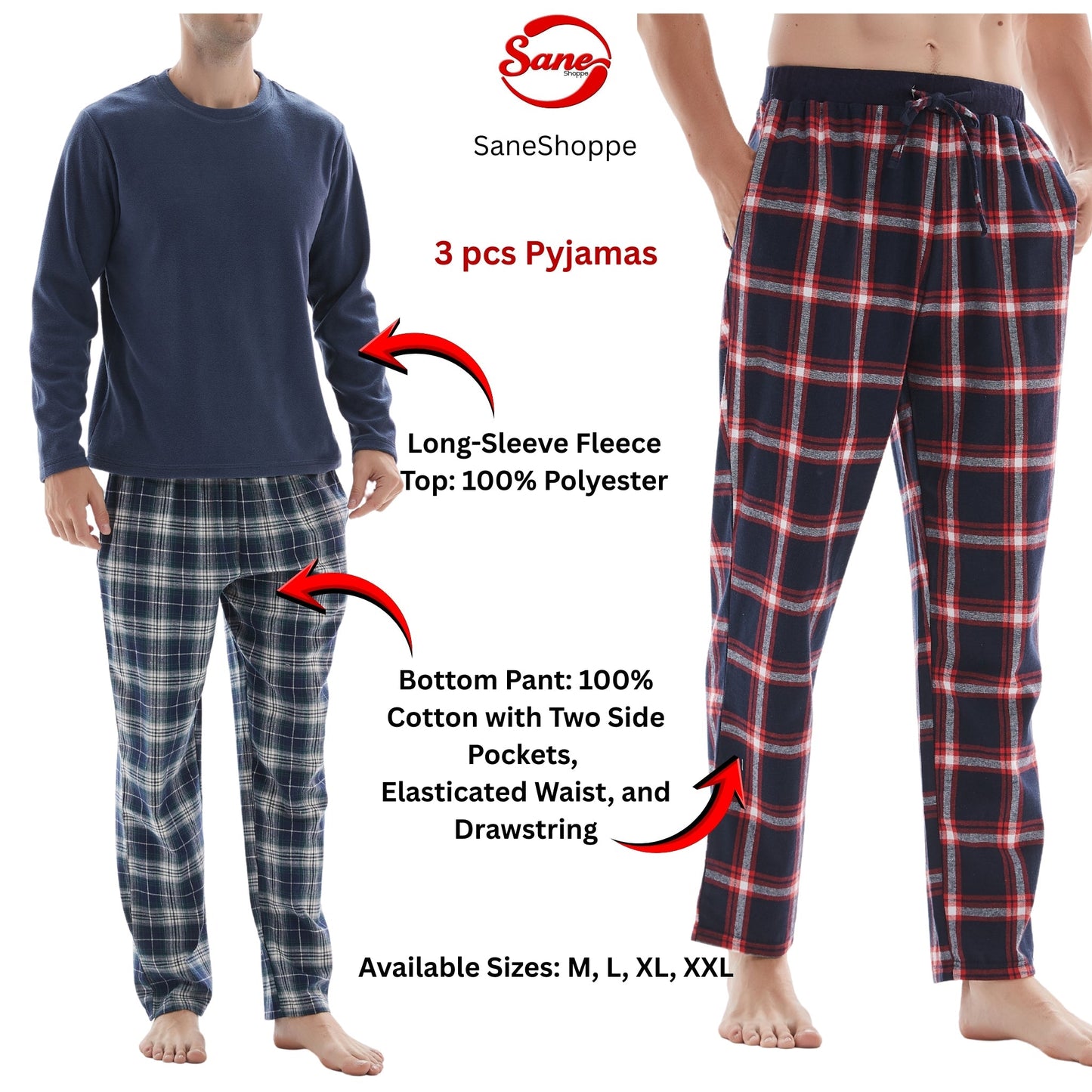 3-Piece Men's Pyjama Set with Long-Sleeve Polyester Top and Check Cotton Pants