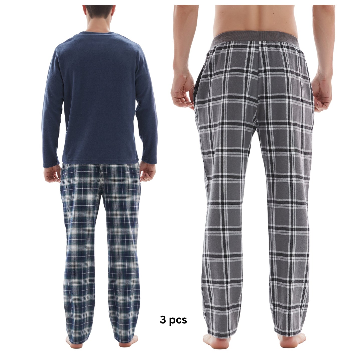 3-Piece Men's Pyjama Set with Long-Sleeve Polyester Top and Check Cotton Pants
