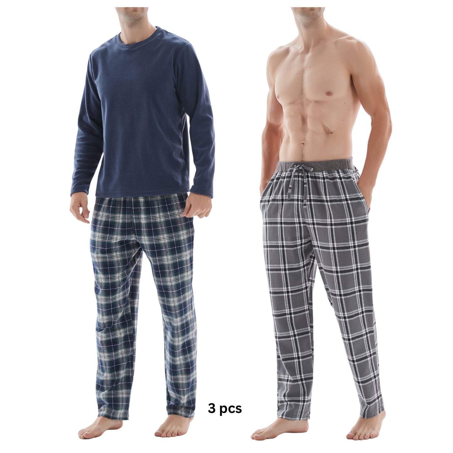 3-Piece Men's Pyjama Set with Long-Sleeve Polyester Top and Check Cotton Pants