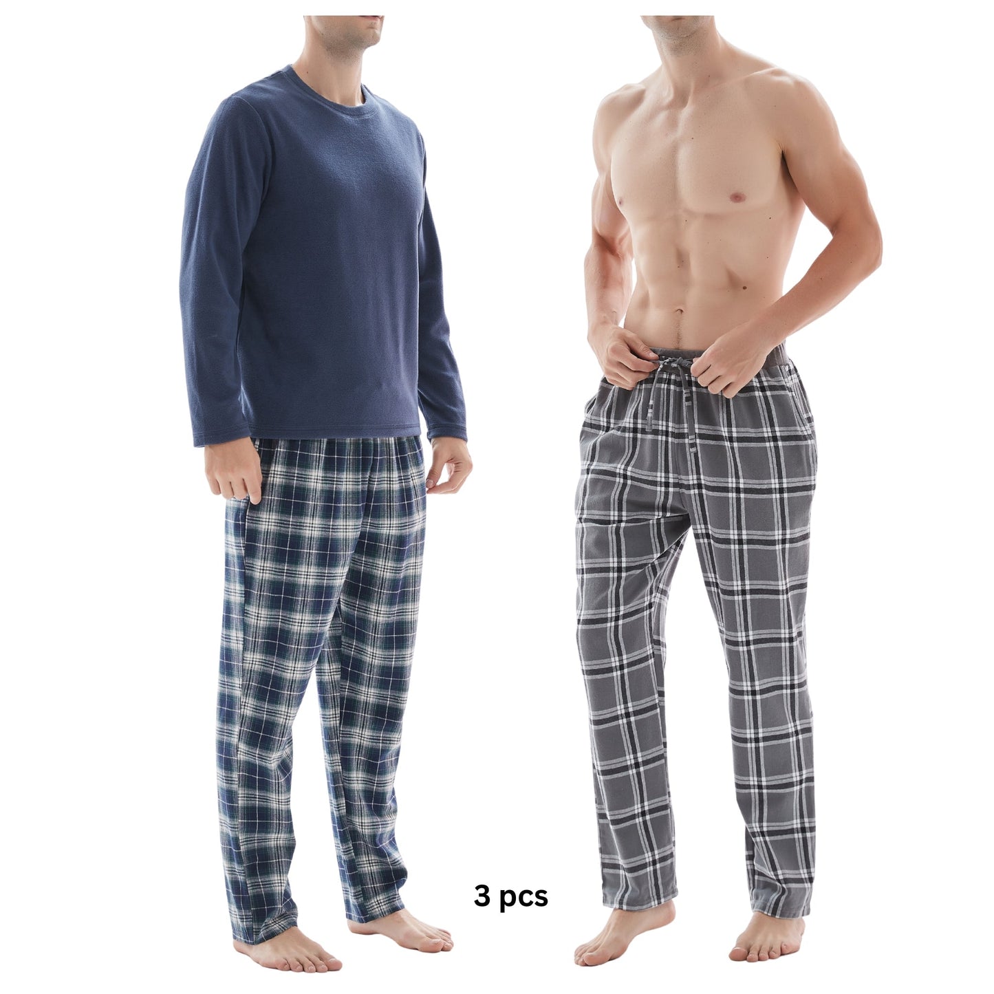 3-Piece Men's Pyjama Set with Long-Sleeve Polyester Top and Check Cotton Pants