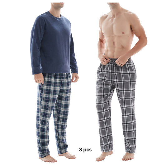 3-Piece Men's Pyjama Set with Long-Sleeve Polyester Top and Check Cotton Pants