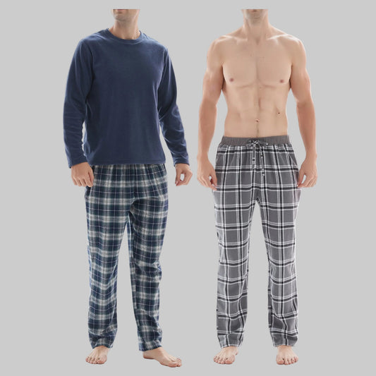 3-Piece Men's Pyjama Set with Long-Sleeve Polyester Top and Check Cotton Pants