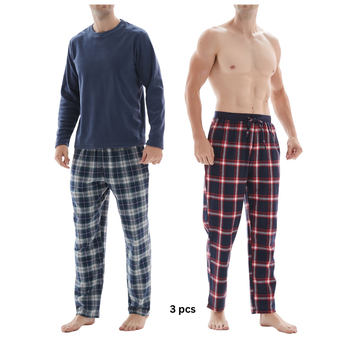 3-Piece Men's Pyjama Set with Long-Sleeve Polyester Top and Check Cotton Pants