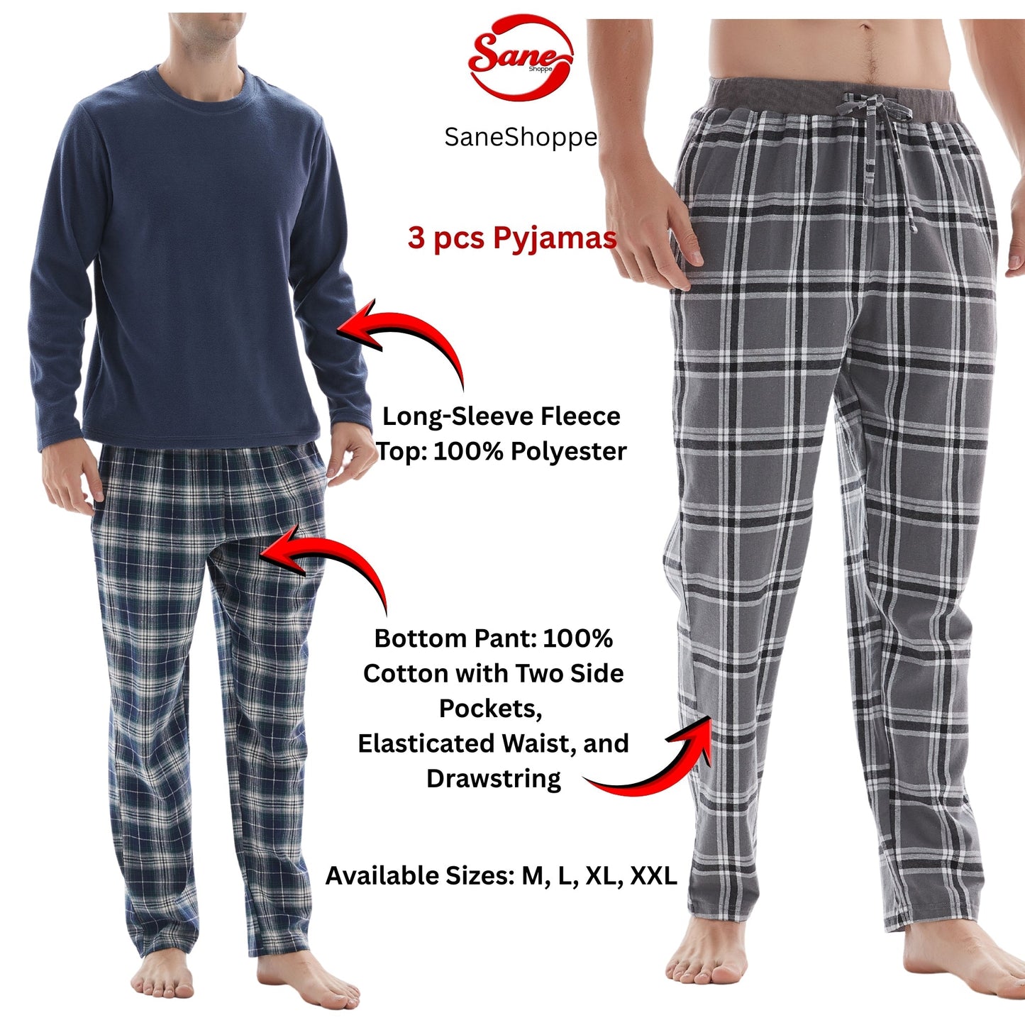 3-Piece Men's Pyjama Set with Long-Sleeve Polyester Top and Check Cotton Pants