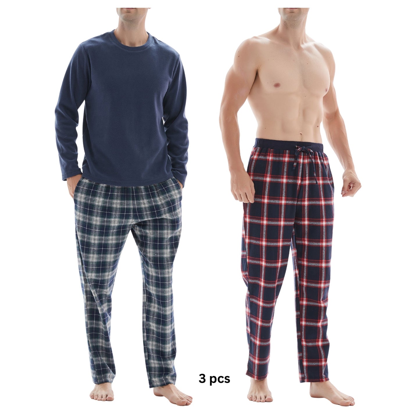3-Piece Men's Pyjama Set with Long-Sleeve Polyester Top and Check Cotton Pants