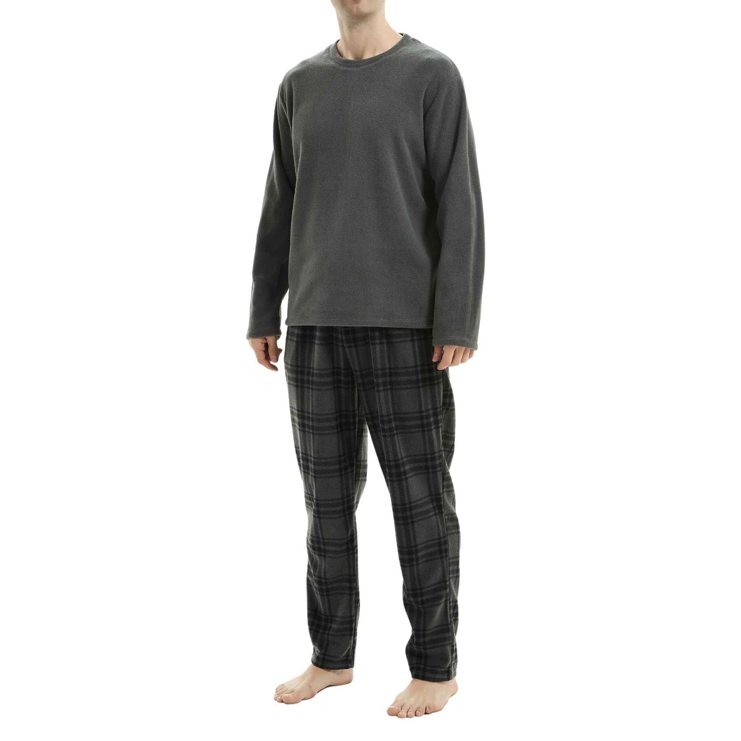 Fluffy Fleece Pajamas for Men – Grey Check Cozy Thermal Pajama Set for Ultimate Comfort