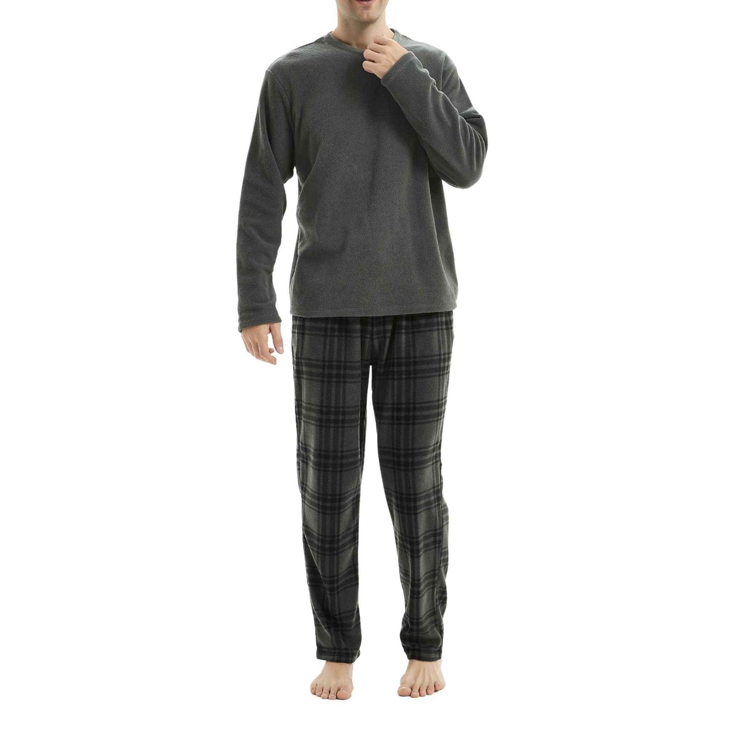 Fluffy Fleece Pajamas for Men – Grey Check Cozy Thermal Pajama Set for Ultimate Comfort