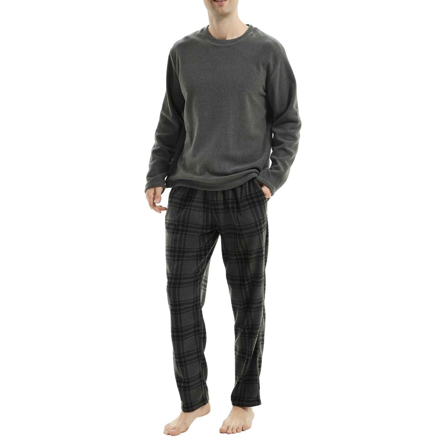 Fluffy Fleece Pajamas for Men – Grey Check Cozy Thermal Pajama Set for Ultimate Comfort