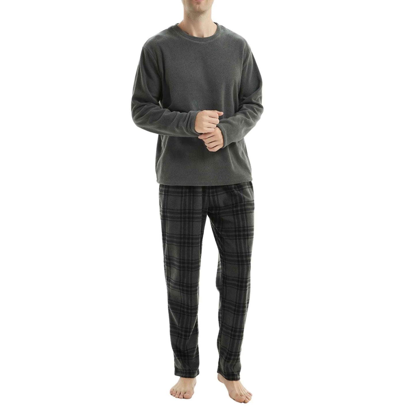 Fluffy Fleece Pajamas for Men – Grey Check Cozy Thermal Pajama Set for Ultimate Comfort