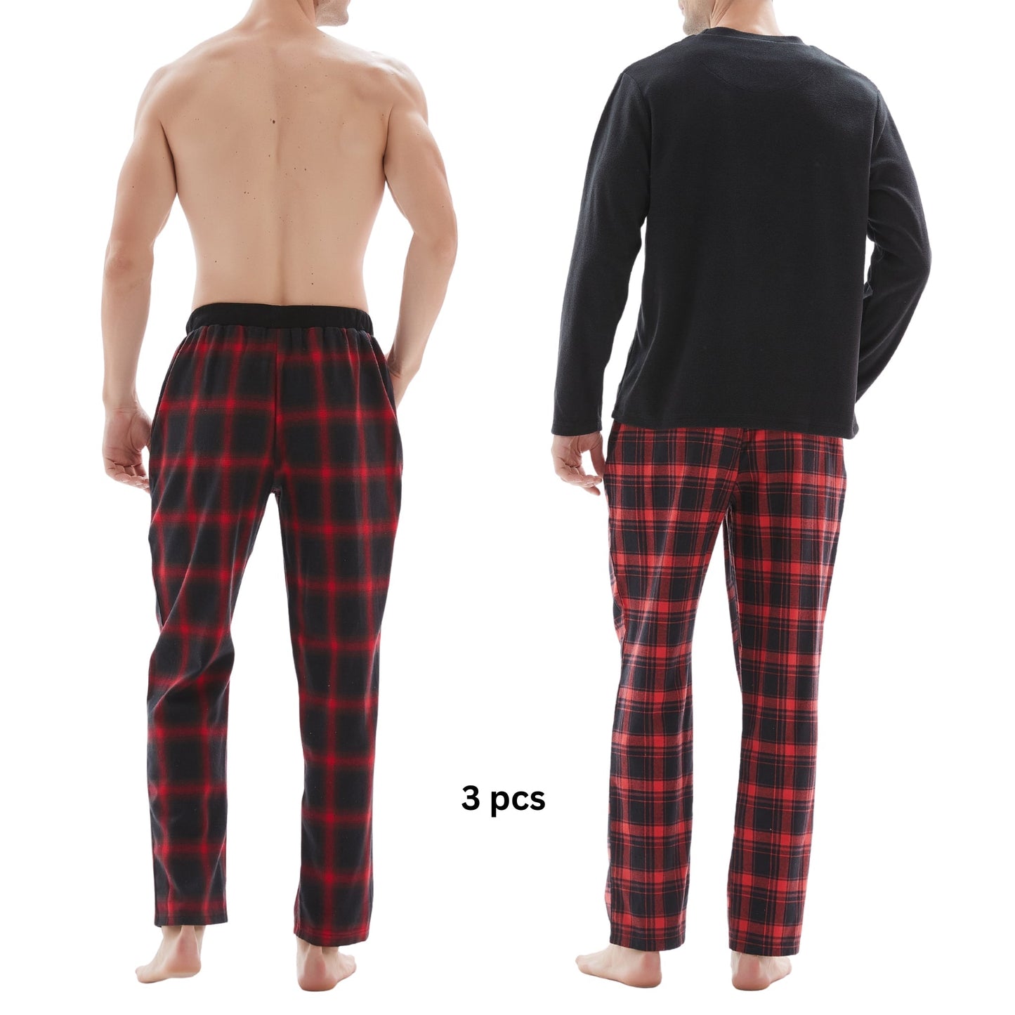 Men's Check Pyjama Set with Fleece Top - 3-Piece White/Red Cotton Pant Set
