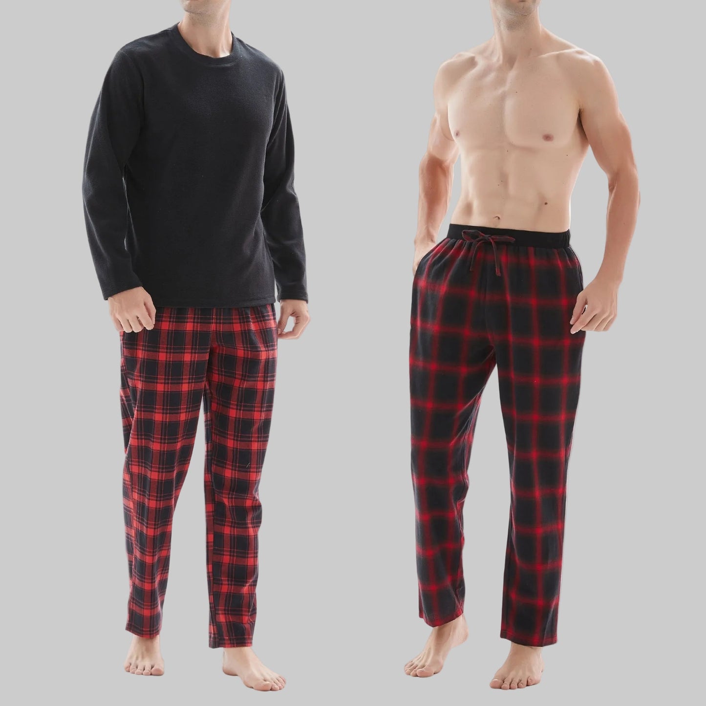 Men's Check Pyjama Set with Fleece Top - 3-Piece White/Red Cotton Pant Set