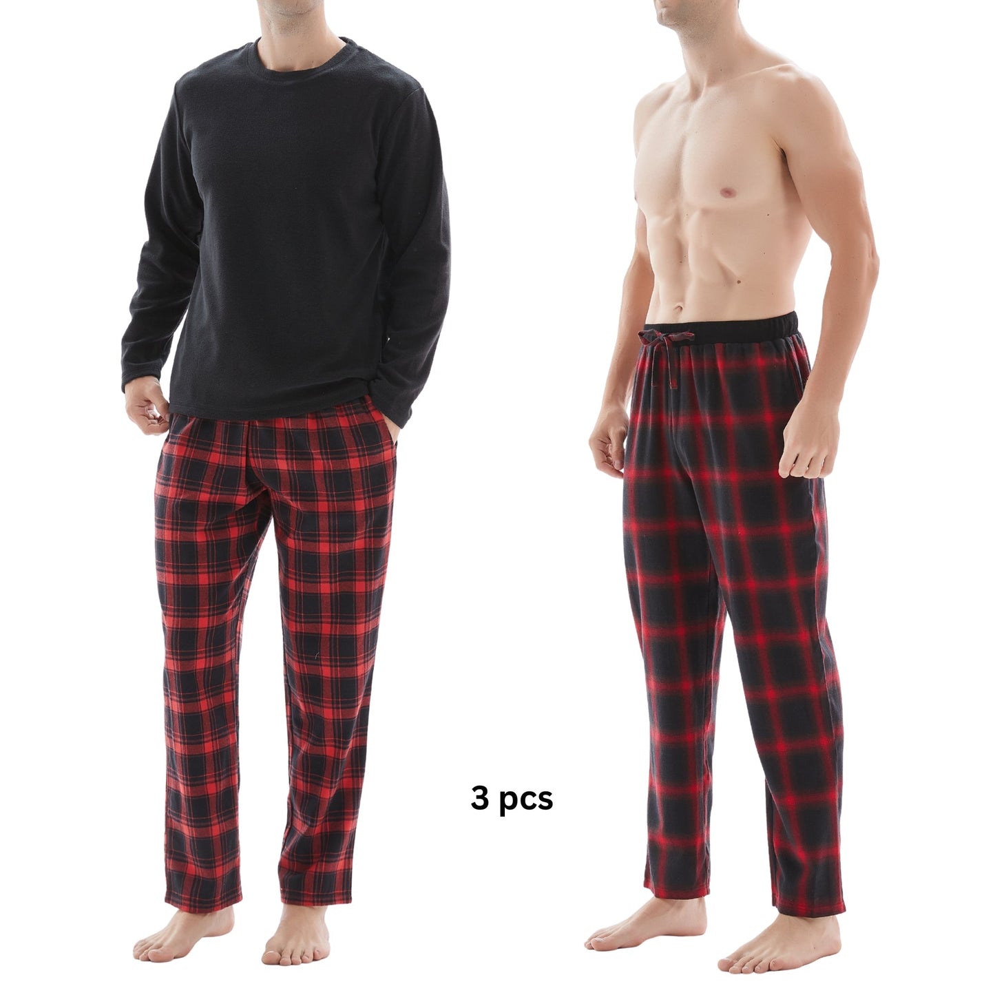 Men's Check Pyjama Set with Fleece Top - 3-Piece White/Red Cotton Pant Set
