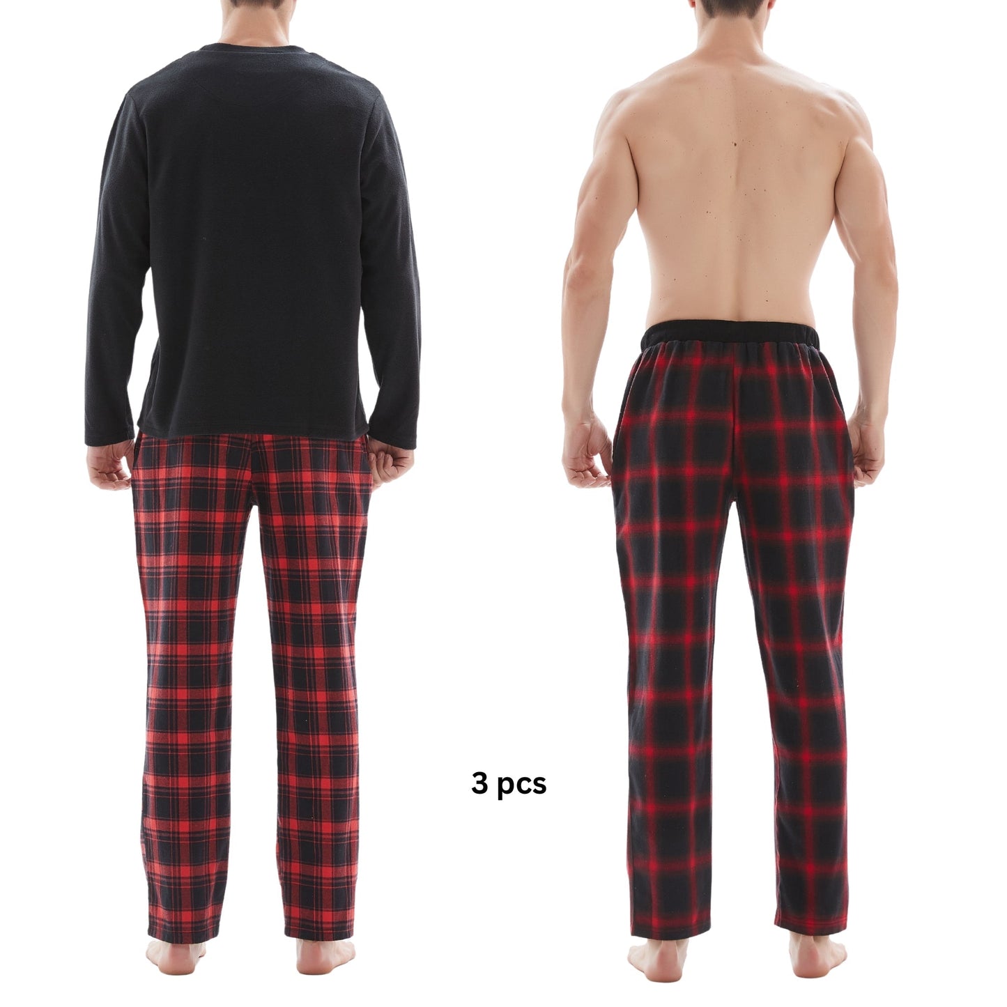 Men's Check Pyjama Set with Fleece Top - 3-Piece White/Red Cotton Pant Set