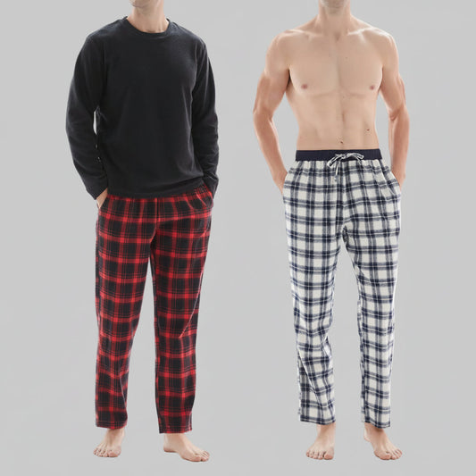 Men's Check Pyjama Set with Fleece Top - 3-Piece White/Red Cotton Pant Set