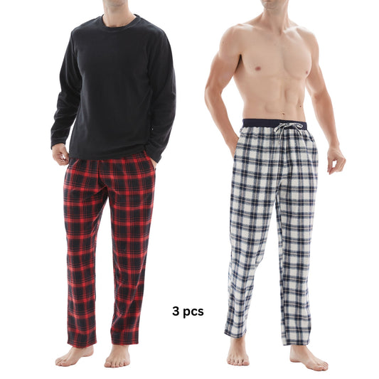 Men's Check Pyjama Set with Fleece Top - 3-Piece White/Red Cotton Pant Set