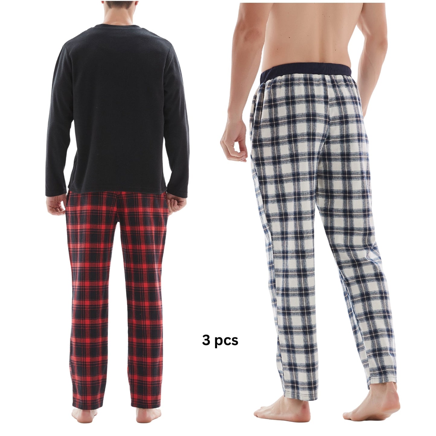 Men's Check Pyjama Set with Fleece Top - 3-Piece White/Red Cotton Pant Set
