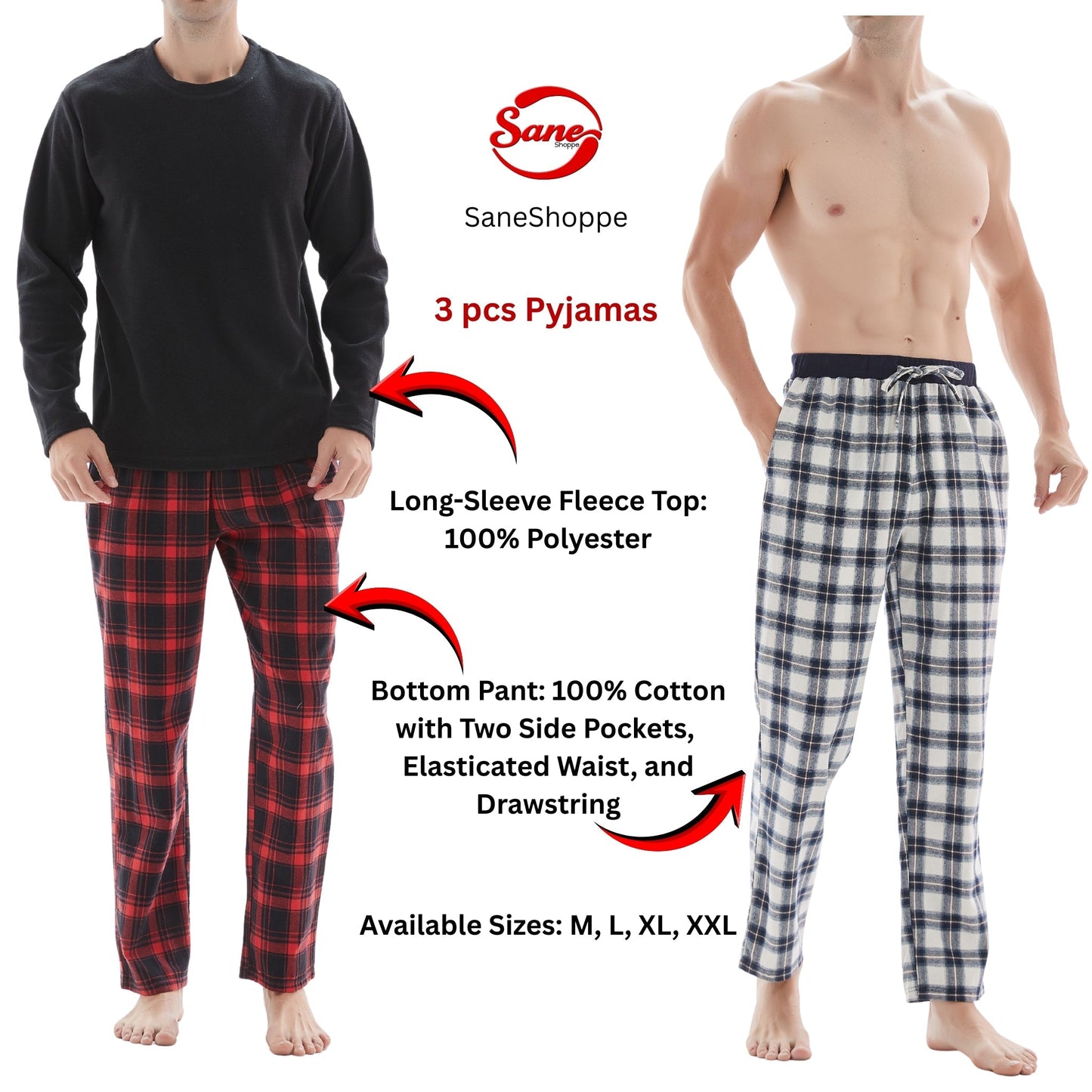Men's Check Pyjama Set with Fleece Top - 3-Piece White/Red Cotton Pant Set