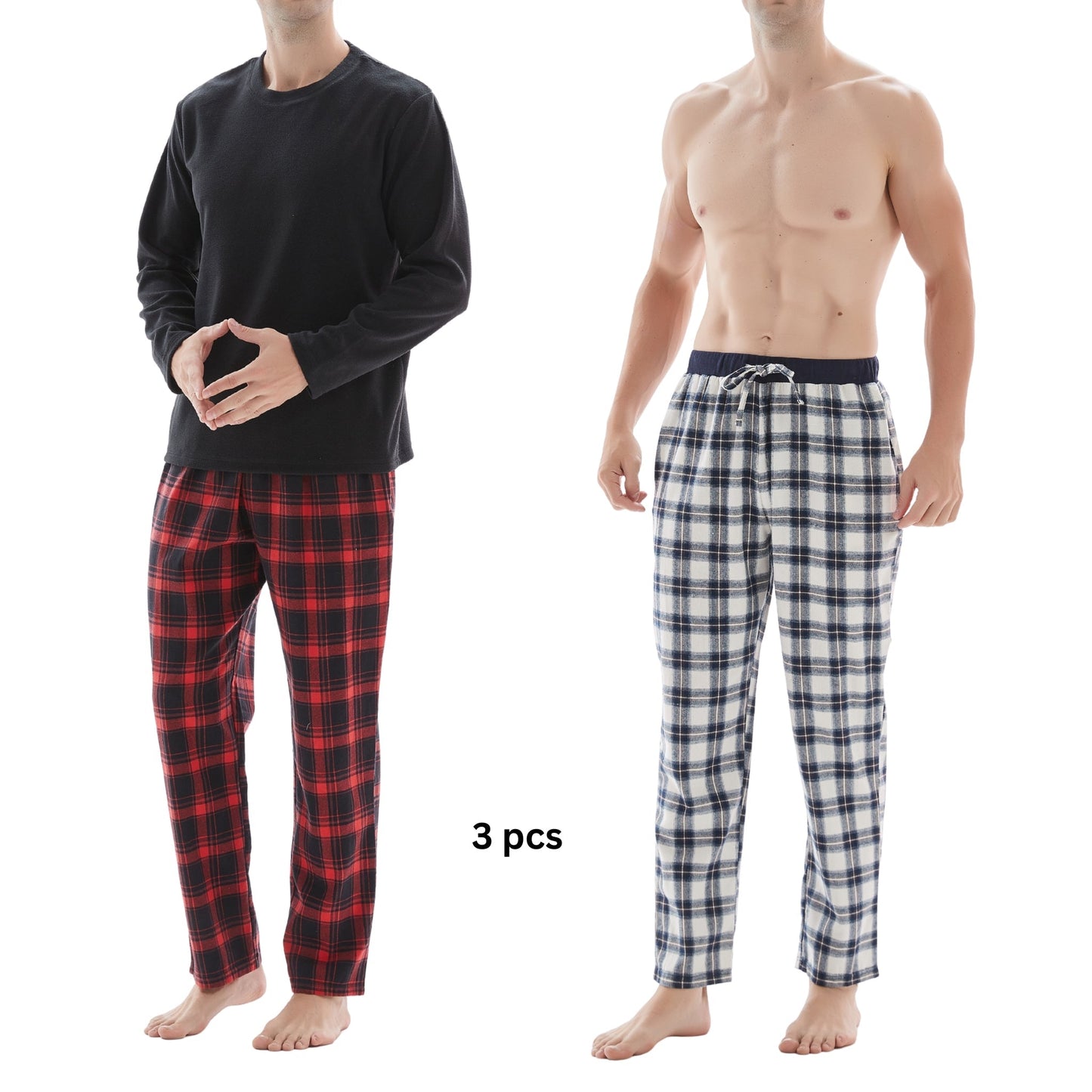 Men's Check Pyjama Set with Fleece Top - 3-Piece White/Red Cotton Pant Set