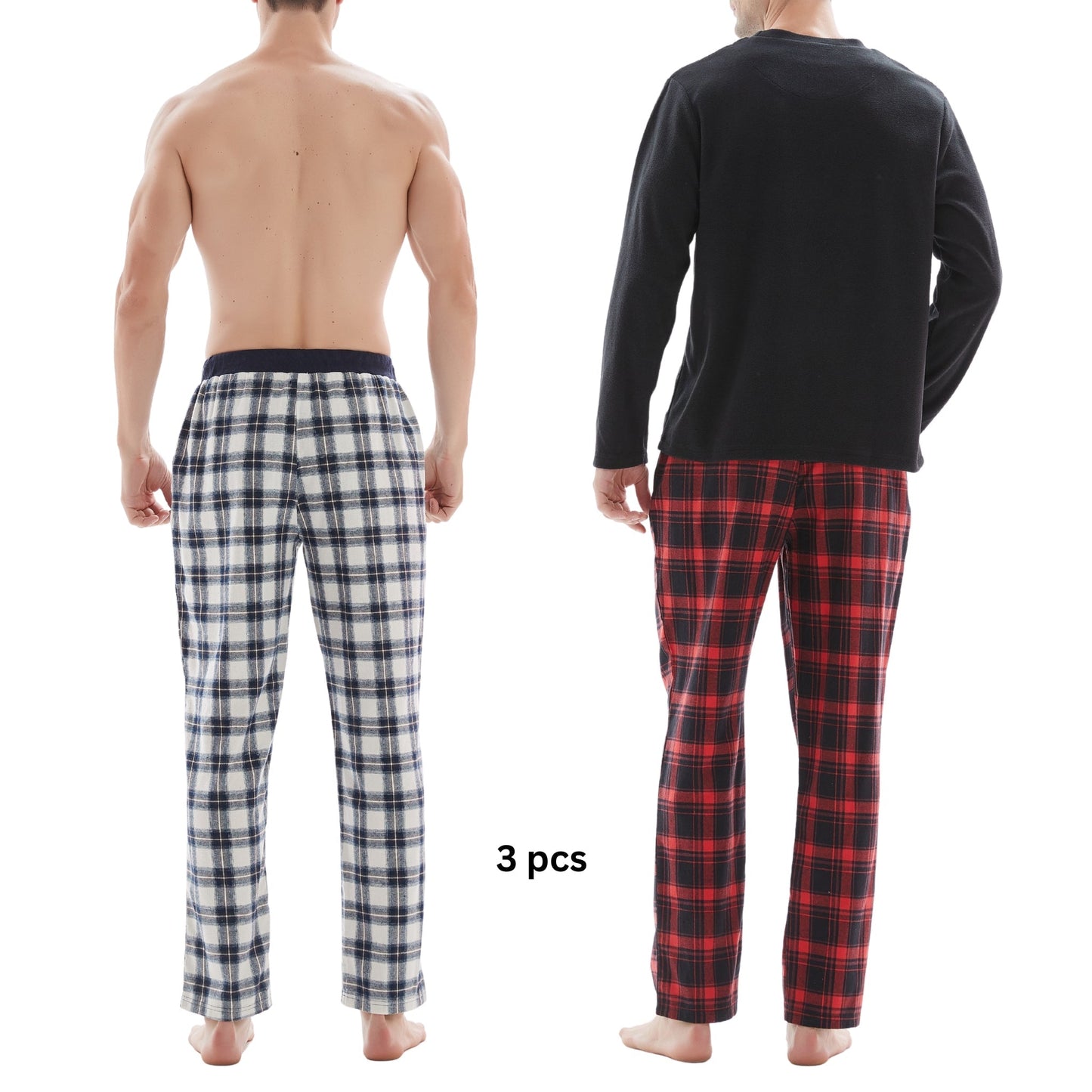 Men's Check Pyjama Set with Fleece Top - 3-Piece White/Red Cotton Pant Set