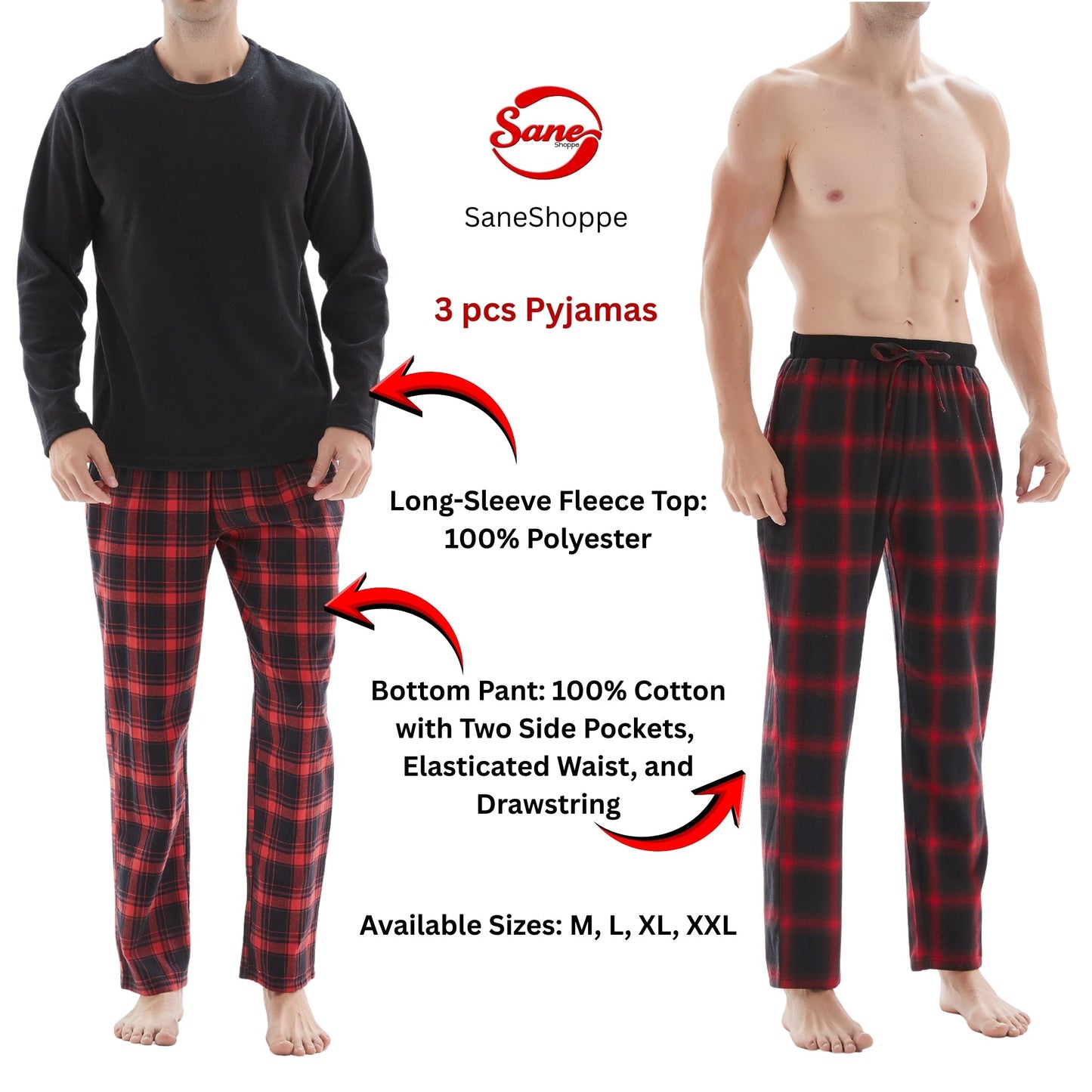 Men's Check Pyjama Set with Fleece Top - 3-Piece White/Red Cotton Pant Set