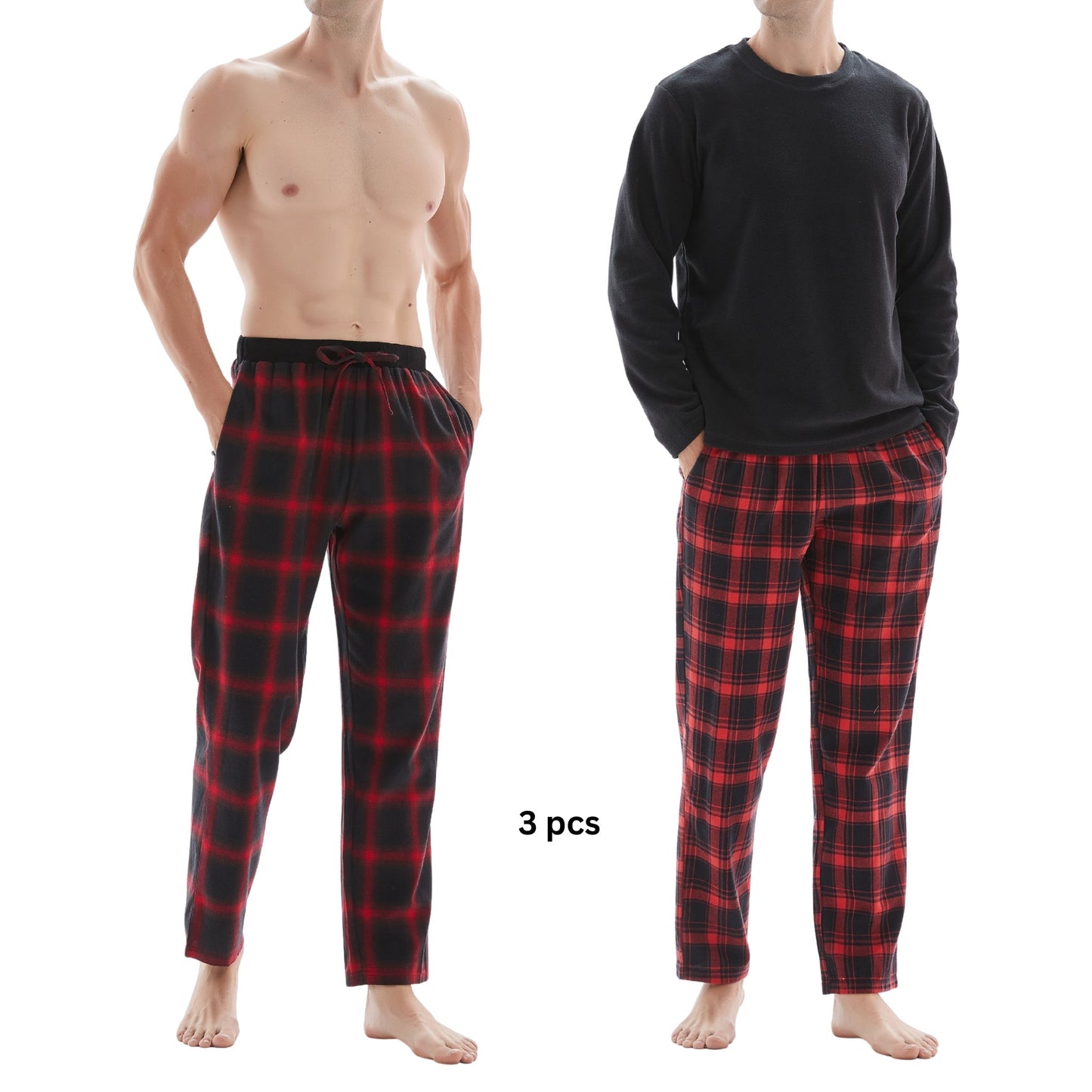 Men's Check Pyjama Set with Fleece Top - 3-Piece White/Red Cotton Pant Set