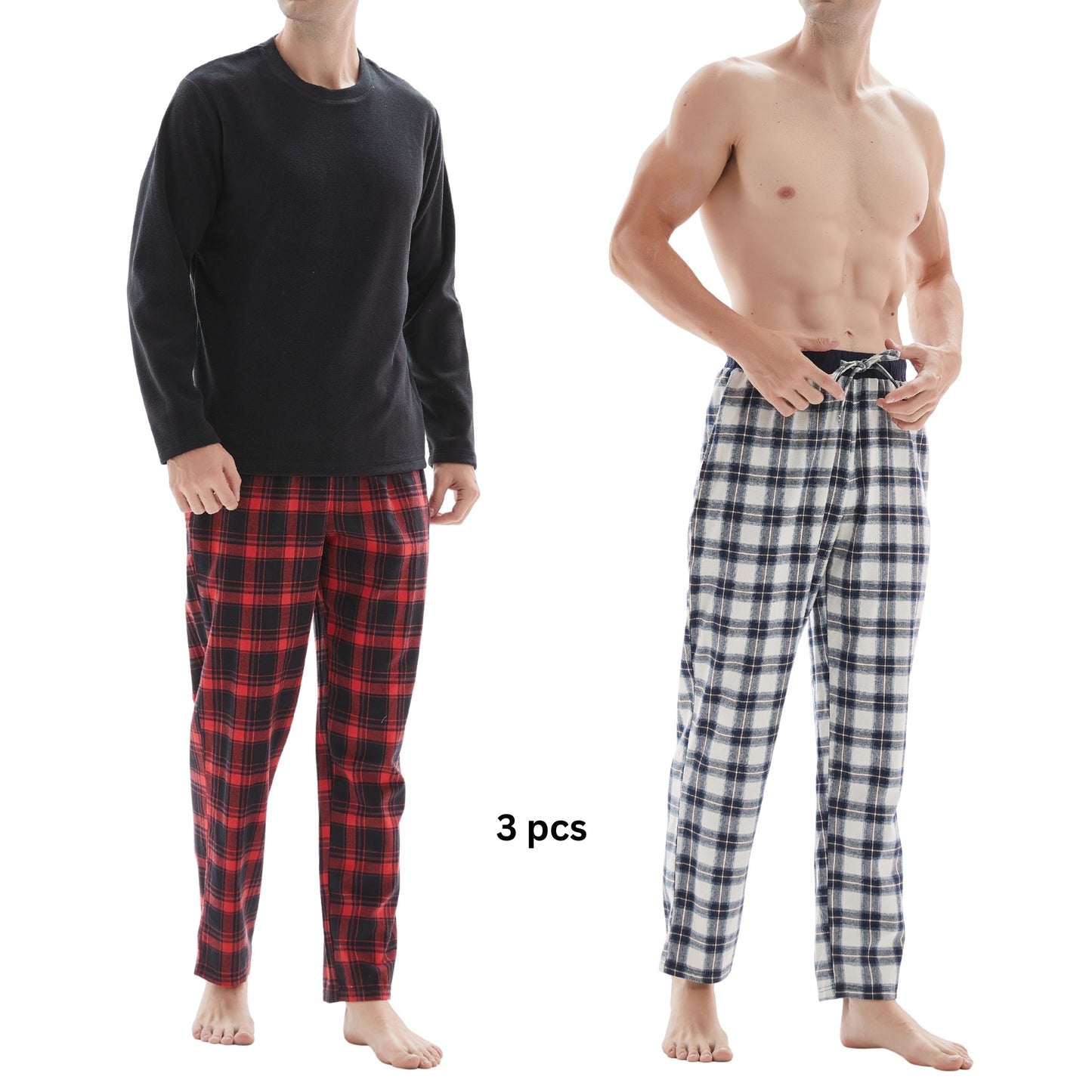Men's Check Pyjama Set with Fleece Top - 3-Piece White/Red Cotton Pant Set