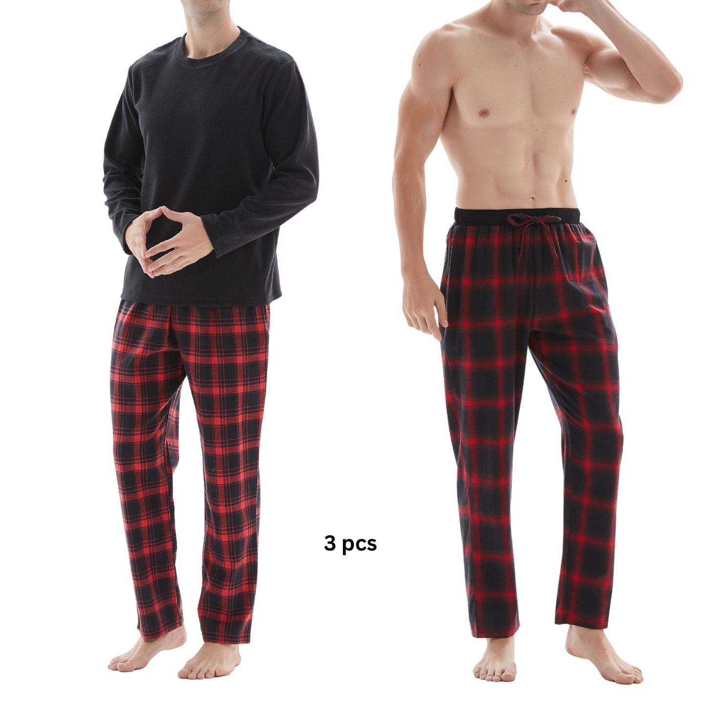 Men's Check Pyjama Set with Fleece Top - 3-Piece White/Red Cotton Pant Set