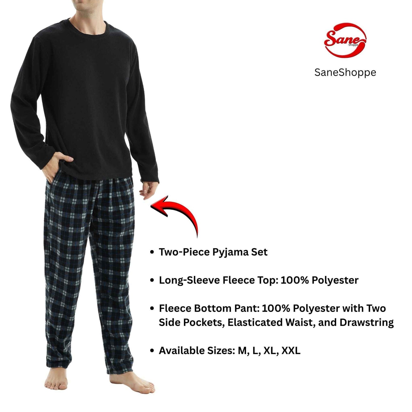 Men's Fleece Pyjama Set - Black Long Sleeve Loungewear