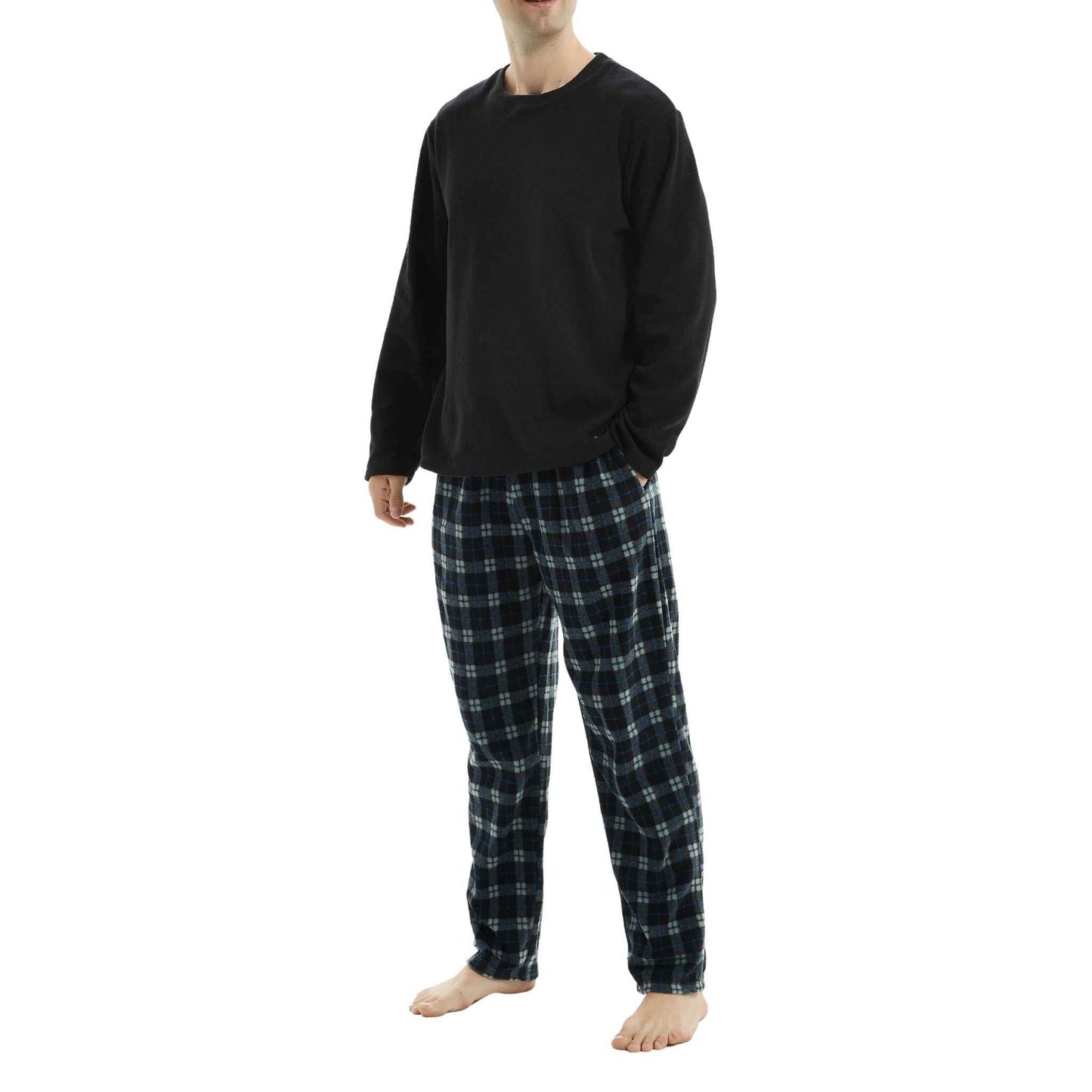 Men's Fleece Pyjama Set - Black Long Sleeve Loungewear