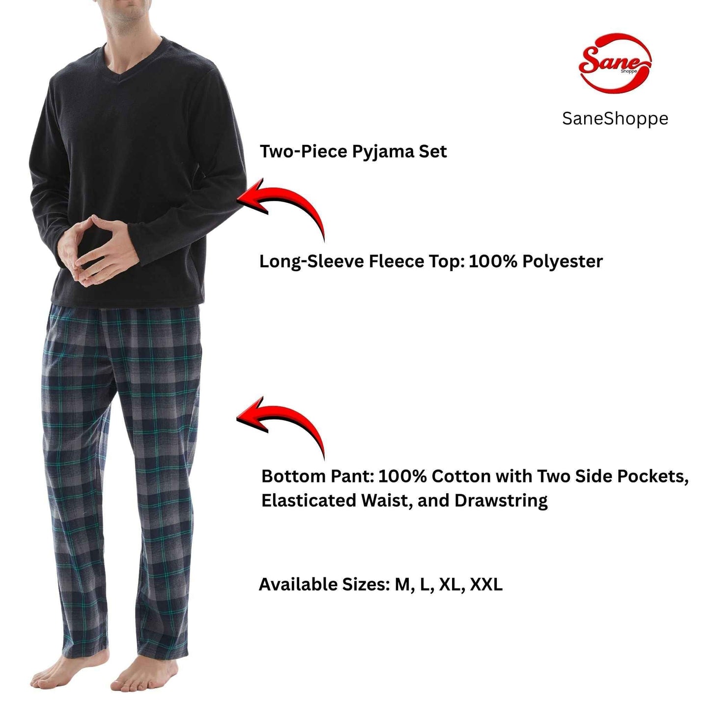 Men's Checkered Pyjamas Loungewear with Fleece Top and Cotton Bottoms