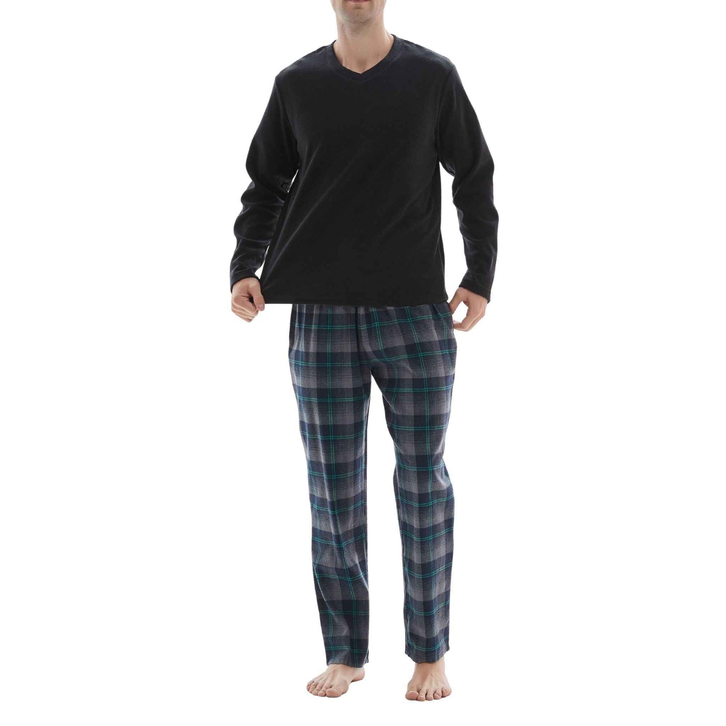Men's Checkered Pyjamas Loungewear with Fleece Top and Cotton Bottoms