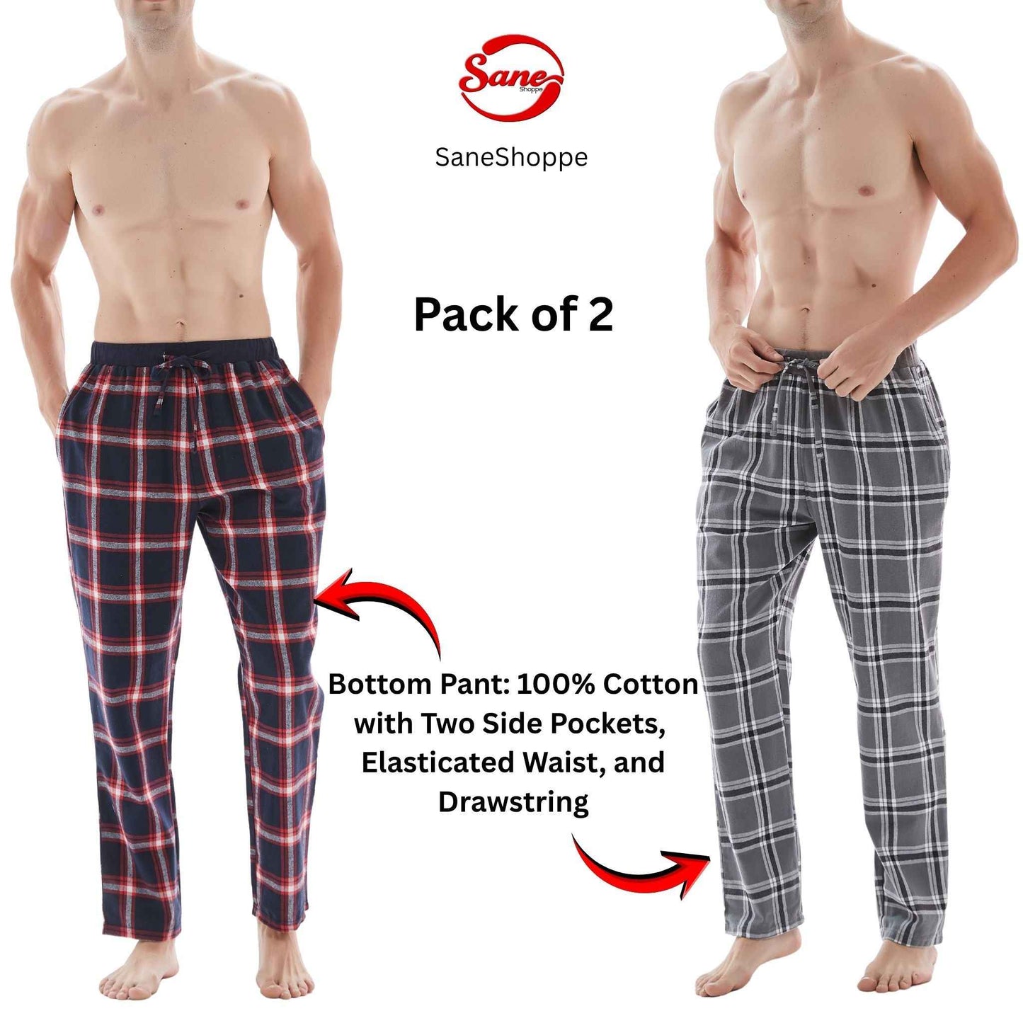 Men's Cotton Flannel Pyjama Bottoms - Lightweight Comfort, Pack of 2