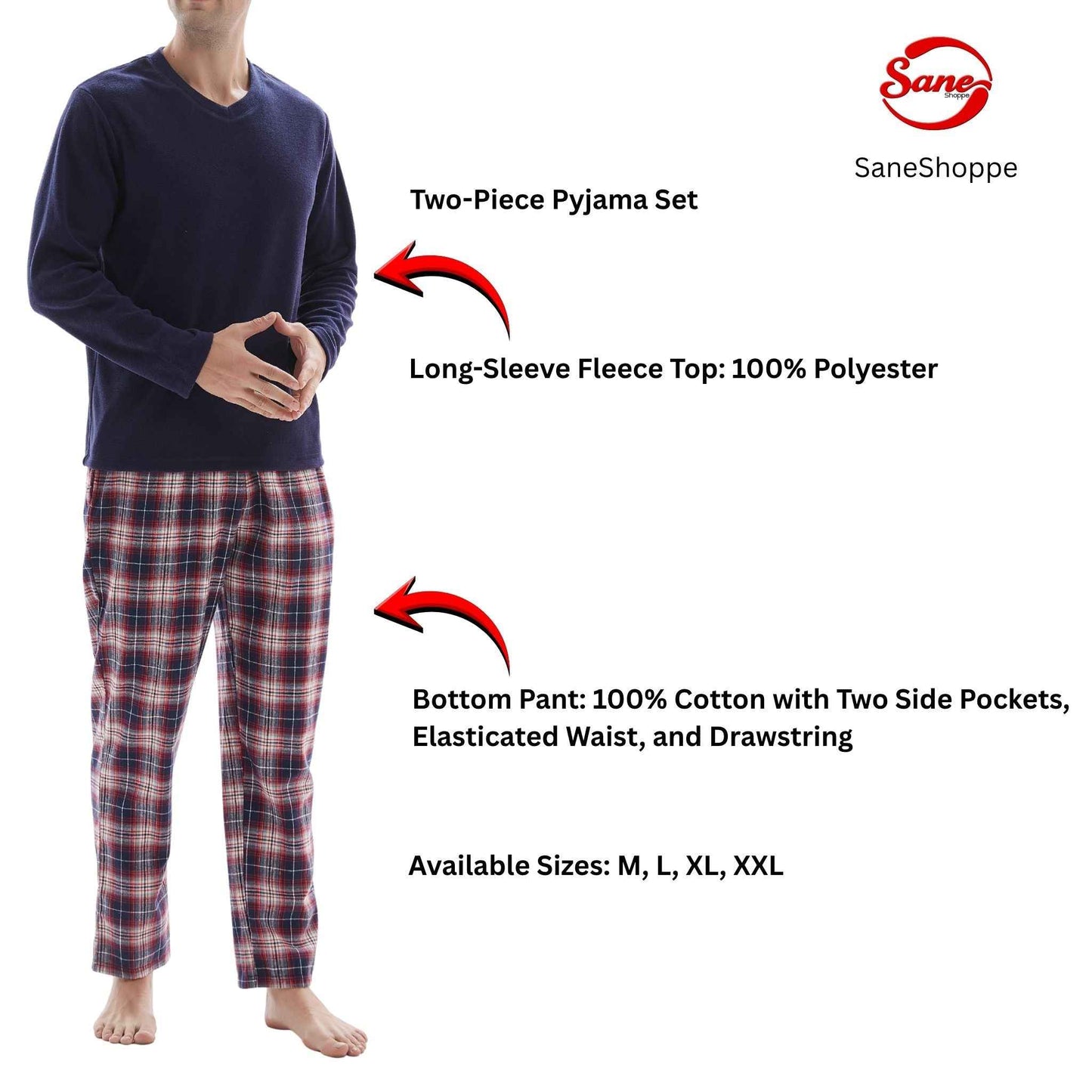 Men's Fleece Pajama Set - Long Sleeve Top with Cotton Flannelette Pants