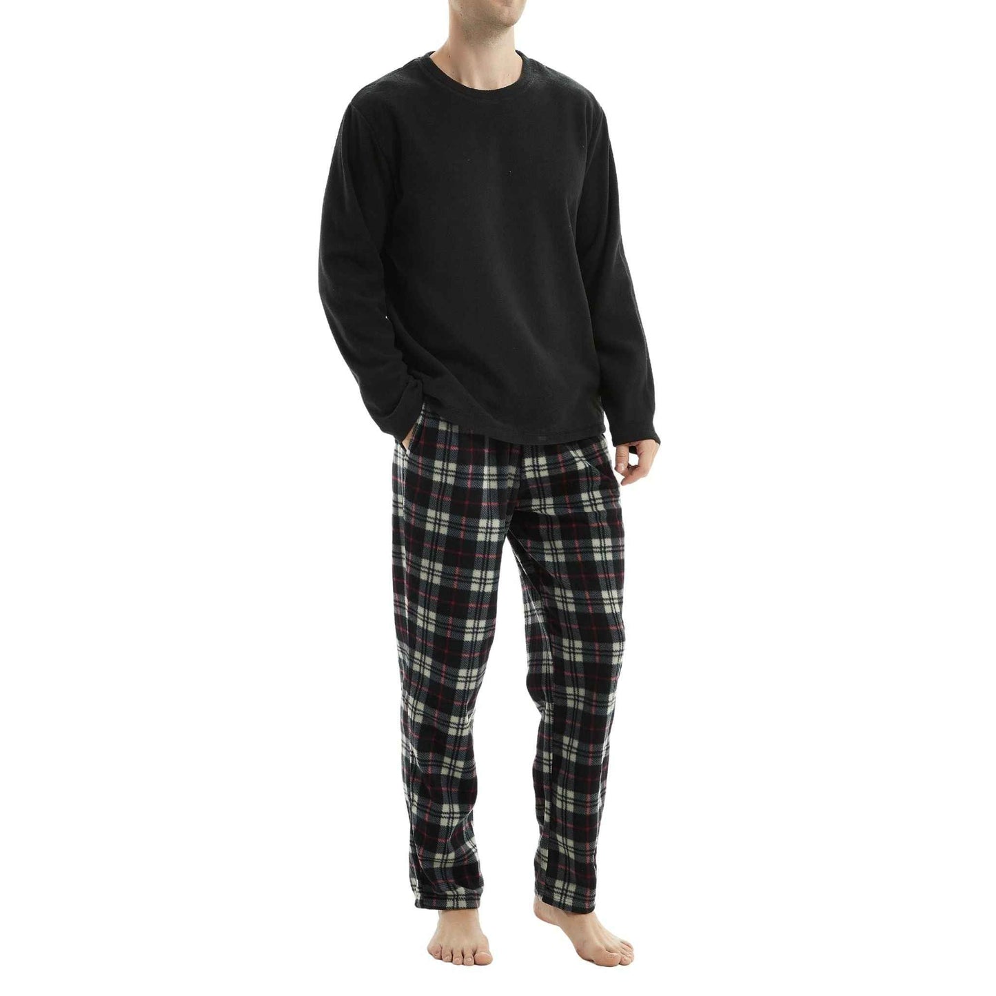 Men's Thermal Fleece Pyjama Set in Black and Red Long Sleeve Design