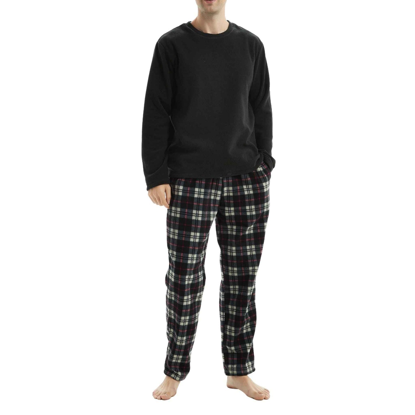 Men's Thermal Fleece Pyjama Set in Black and Red Long Sleeve Design