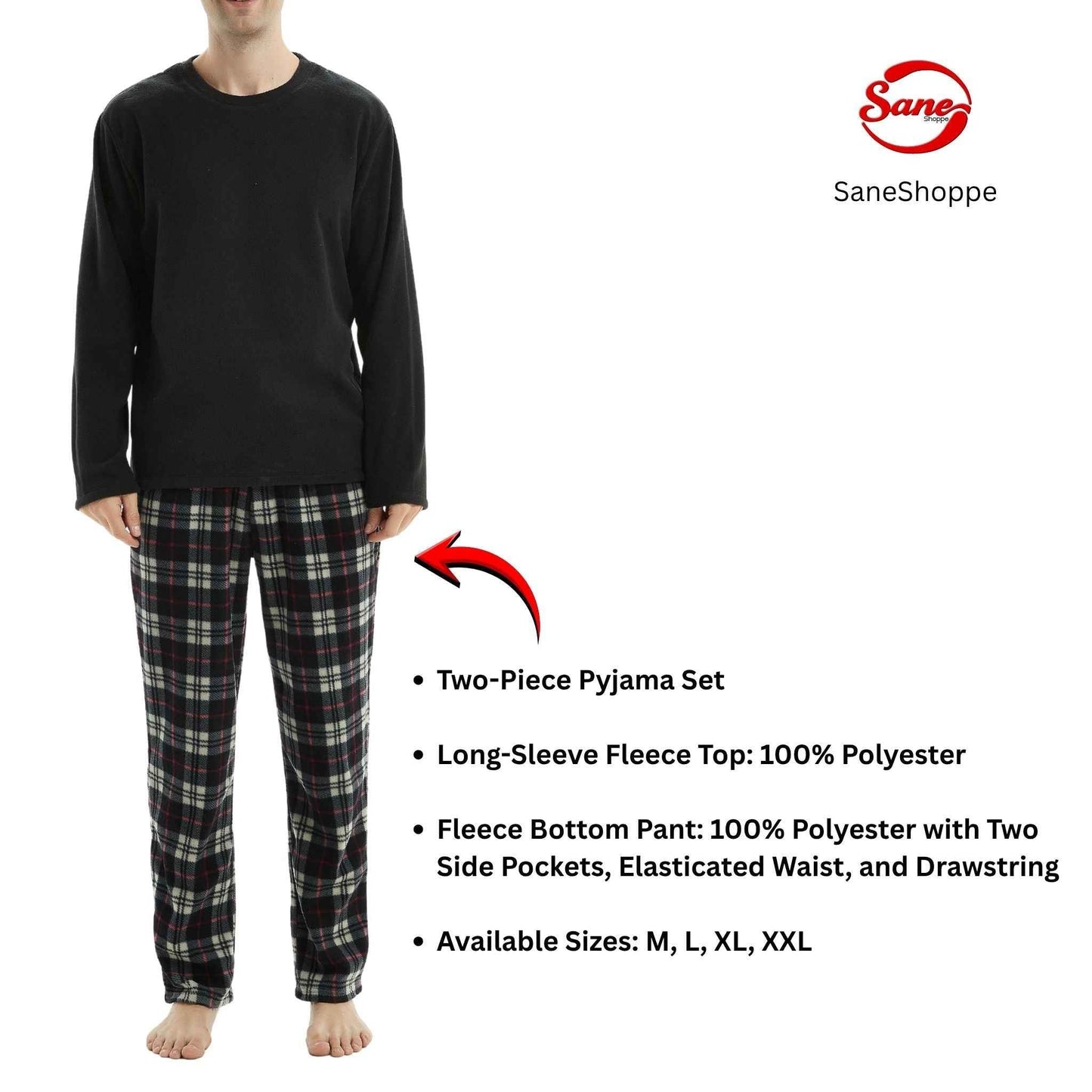 Men's Thermal Fleece Pyjama Set in Black and Red Long Sleeve Design