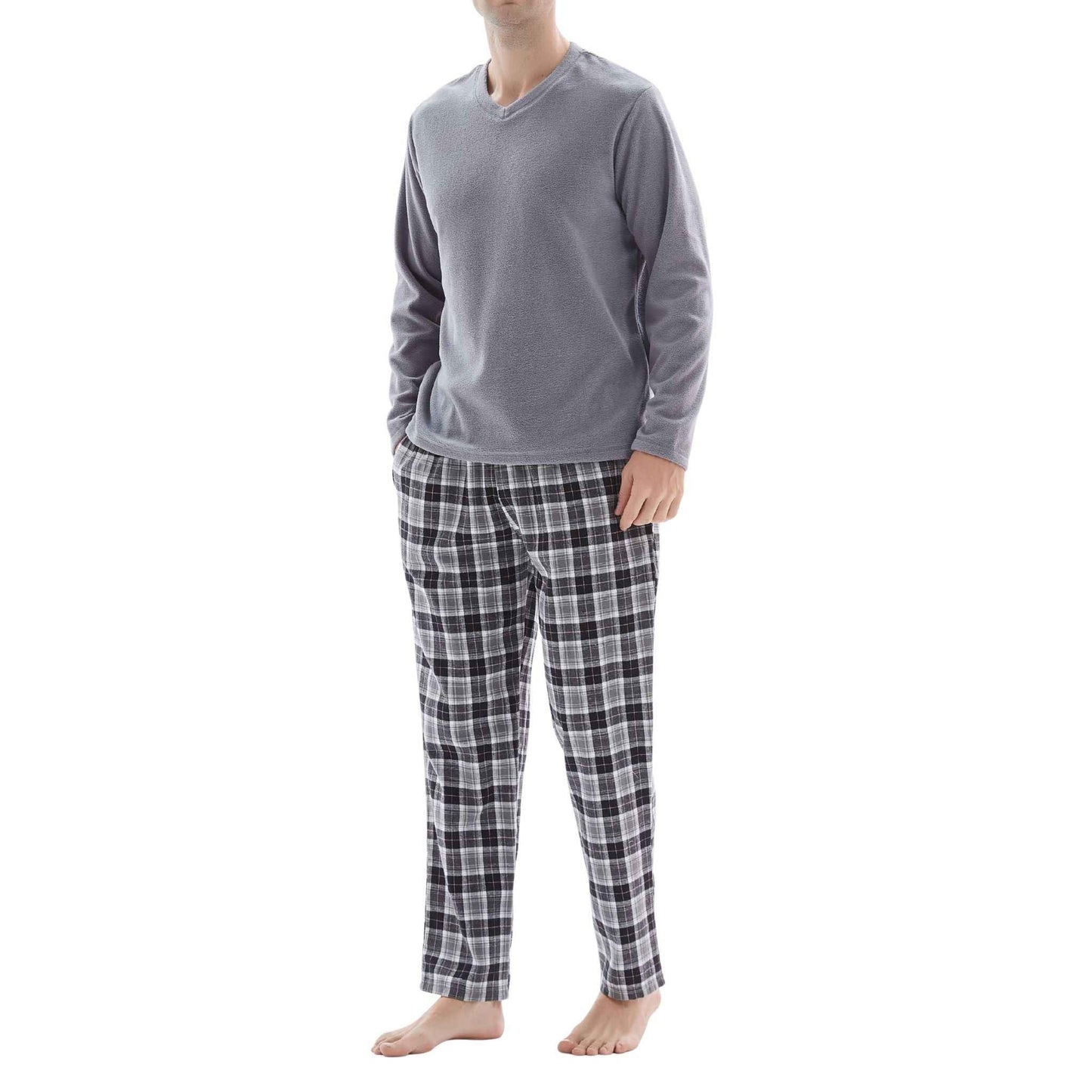 Men's Fleece Pyjama Sets: Cozy Grey Top with Black Cotton Bottoms