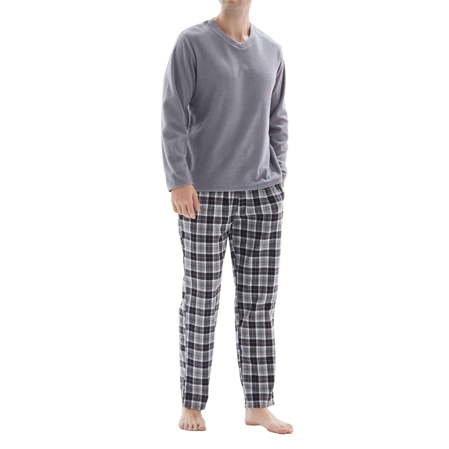 Men's Fleece Pyjama Sets: Cozy Grey Top with Black Cotton Bottoms