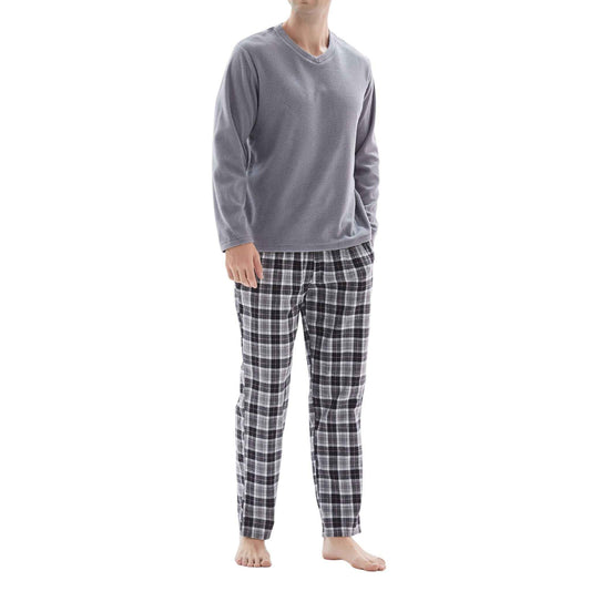 Men's Fleece Pyjama Sets: Cozy Grey Top with Black Cotton Bottoms