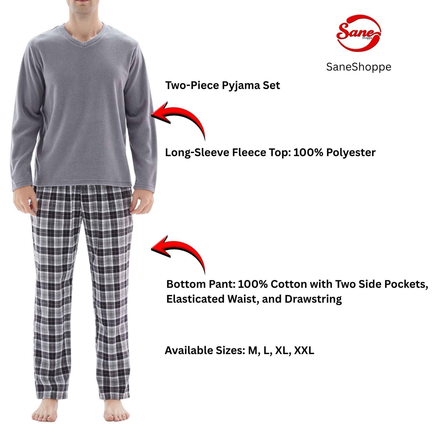 Men's Fleece Pyjama Sets: Cozy Grey Top with Black Cotton Bottoms