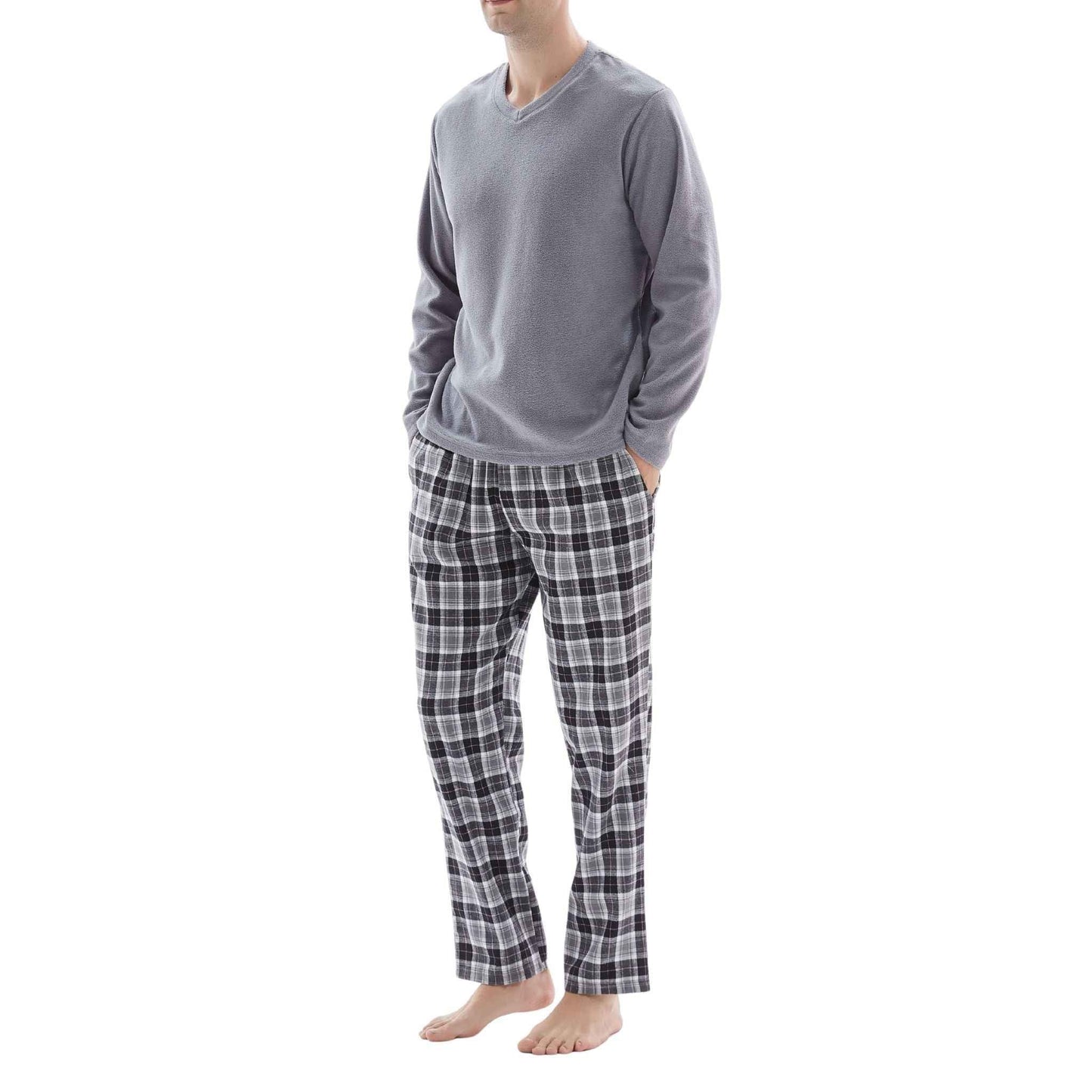 Men's Fleece Pyjama Sets: Cozy Grey Top with Black Cotton Bottoms