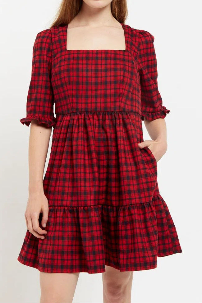 Sassa Winter Gingham Tiered Mini Dress in Red and Black