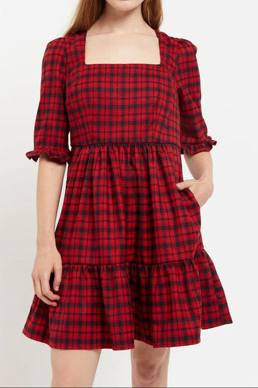 Sassa Winter Gingham Tiered Mini Dress in Red and Black
