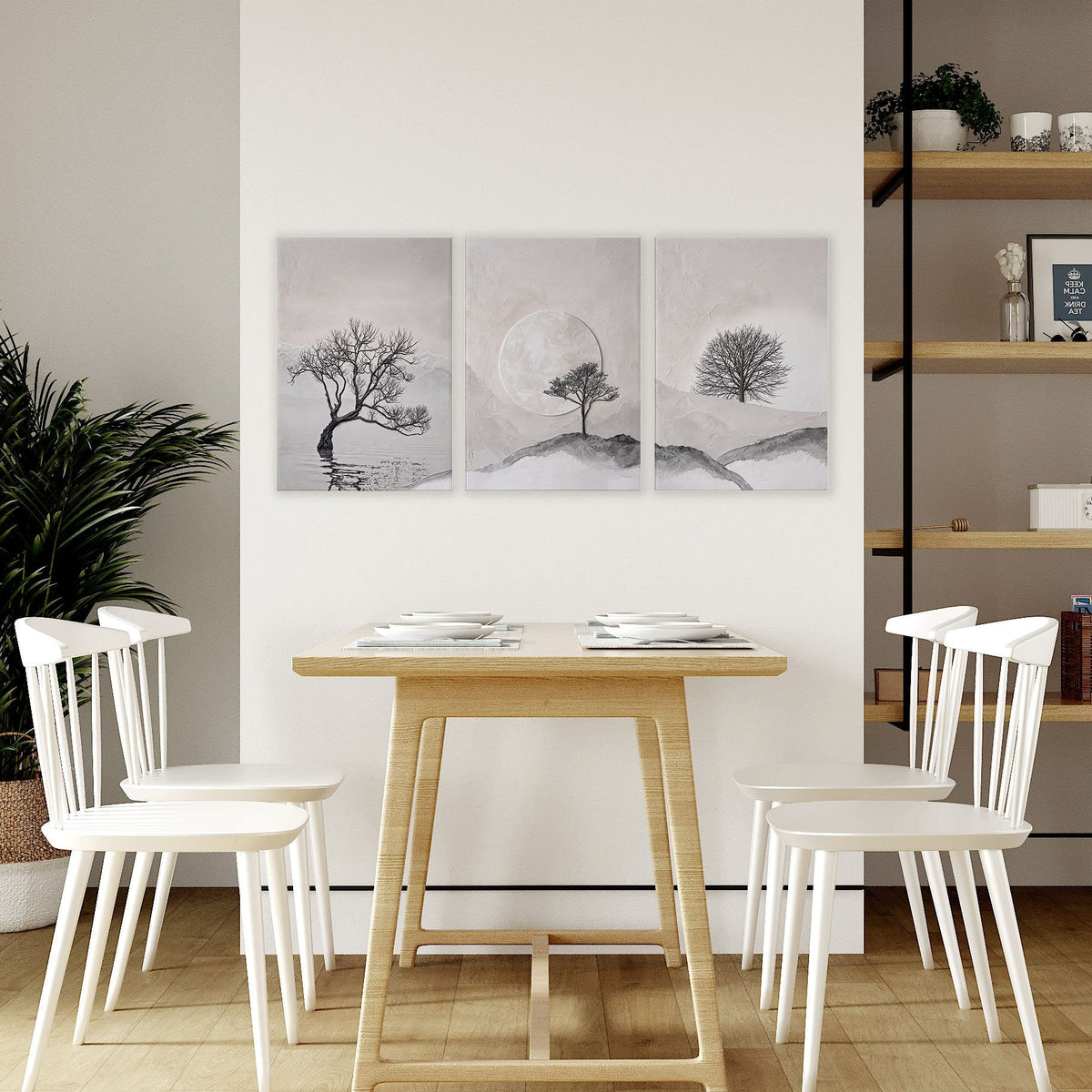 Scandinavian Art Prints Nordic Landscape Trees & Moon Neutral Beige Black | Set of 3