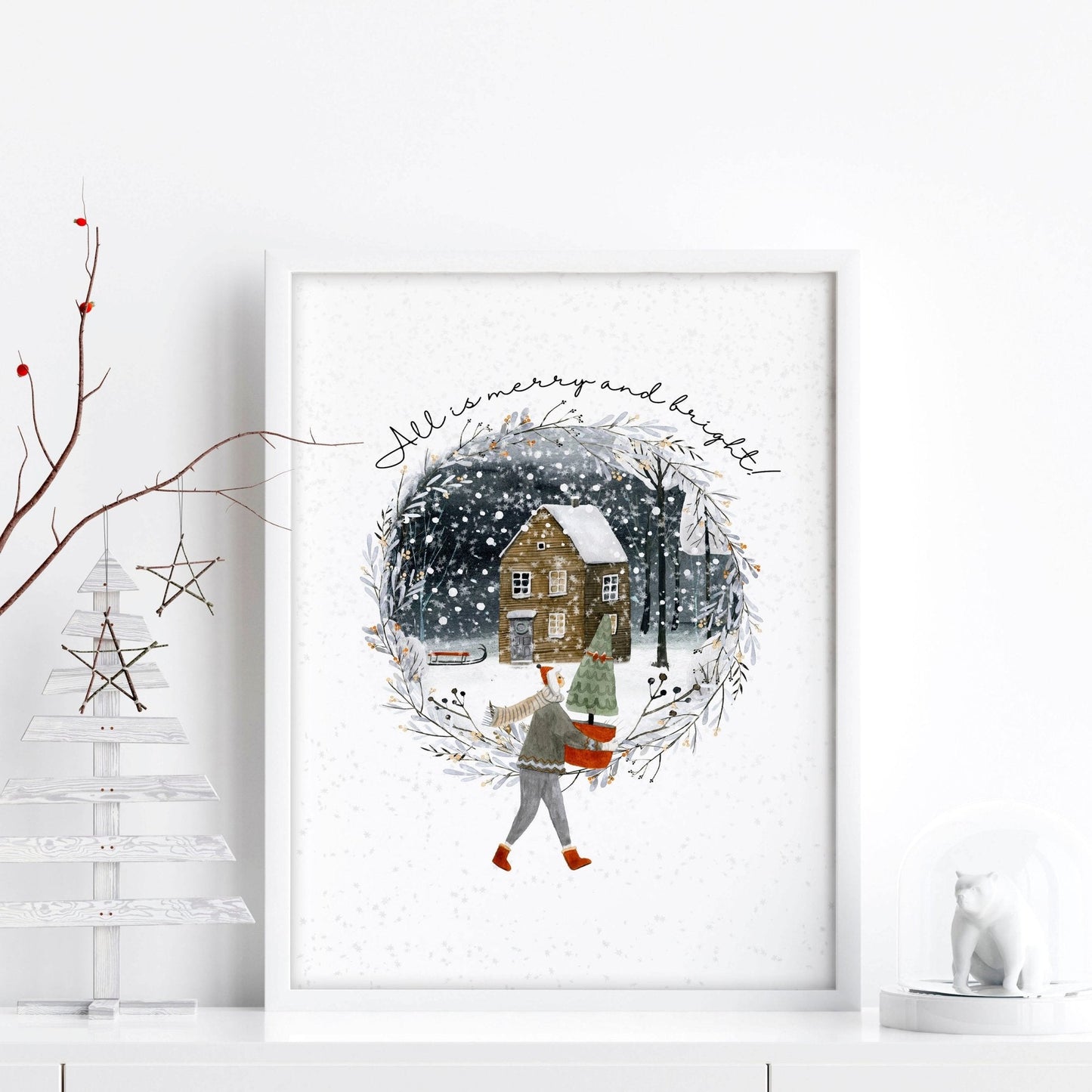 Christmas decor in living room wall art print